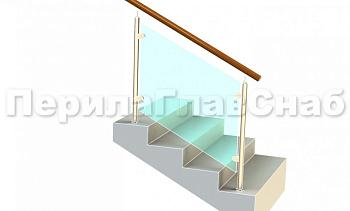 Ограждение с деревянным поручнем с зажимными стеклодержателями и стойками в Тюмени. Готовые проекты ПерилаГлавСнаб