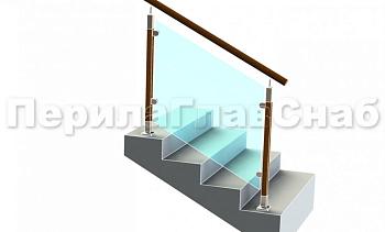 Ограждение с круглым деревянным поручнем с зажимными стеклодержателями и стойками с деревянными вставками в Тюмени. Готовые проекты ПерилаГлавСнаб