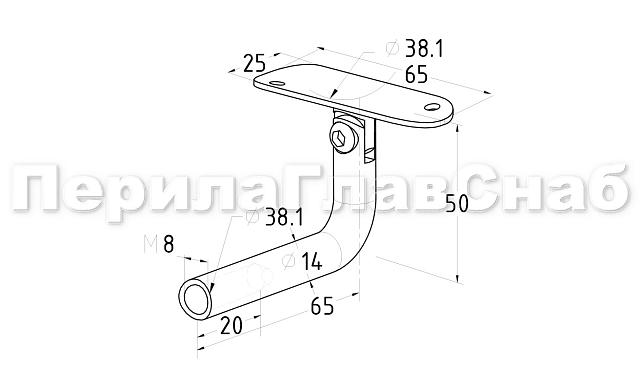 Держатель поручня выносной на стойку, с регулируемым ложементом под трубу Ø38.1 мм, резьба внутренняя М8, полированный, (AISI 304) k261  2