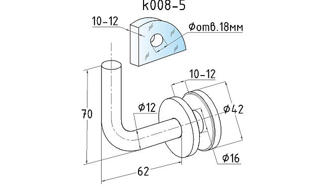 Держатель поручня к стеклу, вынос 60х70, Ø43х5 мм для стекла 10-12мм, (AISI 304) k008-5 2