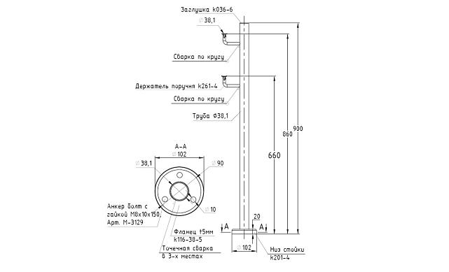 Стойка для пандуса: под 2 поручня Ø38,1 мм для инвалидов, полированная, высота 900 мм  (AISI 304) k750 3