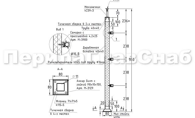 Готовая стойка 40х40х950 мм, деревянная, со вставками из нержавеющей стали 2х100 мм с 3 ригеледержателями k740-1-G 2