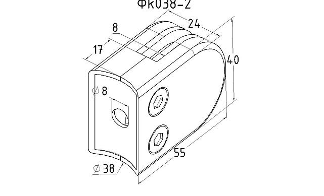Стеклодержатель штампованный под стекло 8 мм (4+4 мм), под стойку Ø38.1 мм 40х24х54, шлифованный (AISI 304) Фk038-2 2