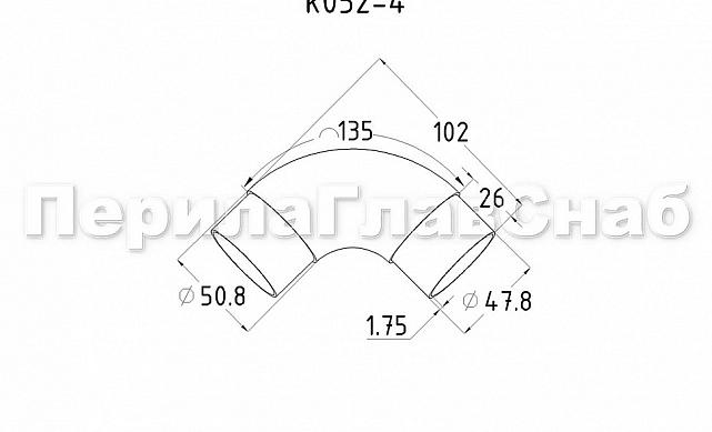 Отвод Ø50.8 мм, облегченный, полированный, (AISI 304) k052-4 2