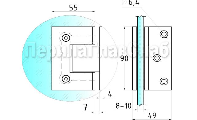 Петля для душевой кабины стена-стекло 90° 90х55 мм латунь-хром, полированная t305 PC 4