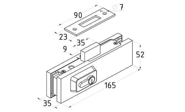 Замок для стеклянной двери центральный с прямоугольным ригелем, шлифованный, вырез 13 t152 SSS 4