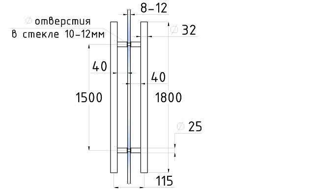 Ручка для стеклянной двери рейлинг двухсторонняя для стекла 8-12 мм, 32х1500х1800 мм, полированная t633-1800 PSS  2